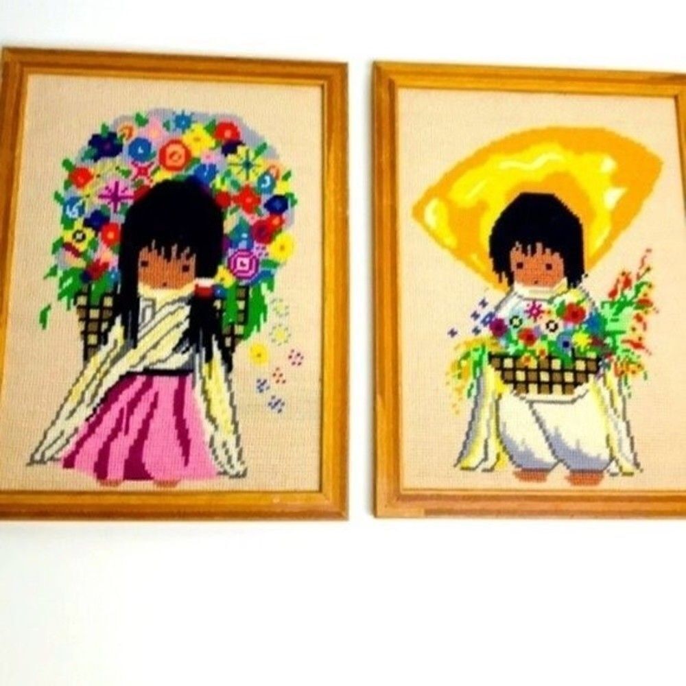2 Native American Cross Stitch framed art floral vintage - Picture 2 of 6
